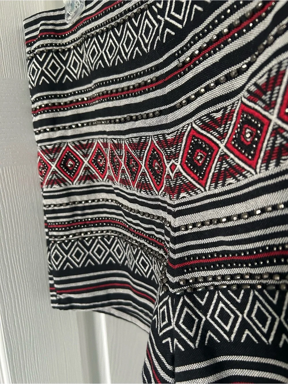 Divided H&M White Black & Red Geometric Print Shorts with Silver Beads